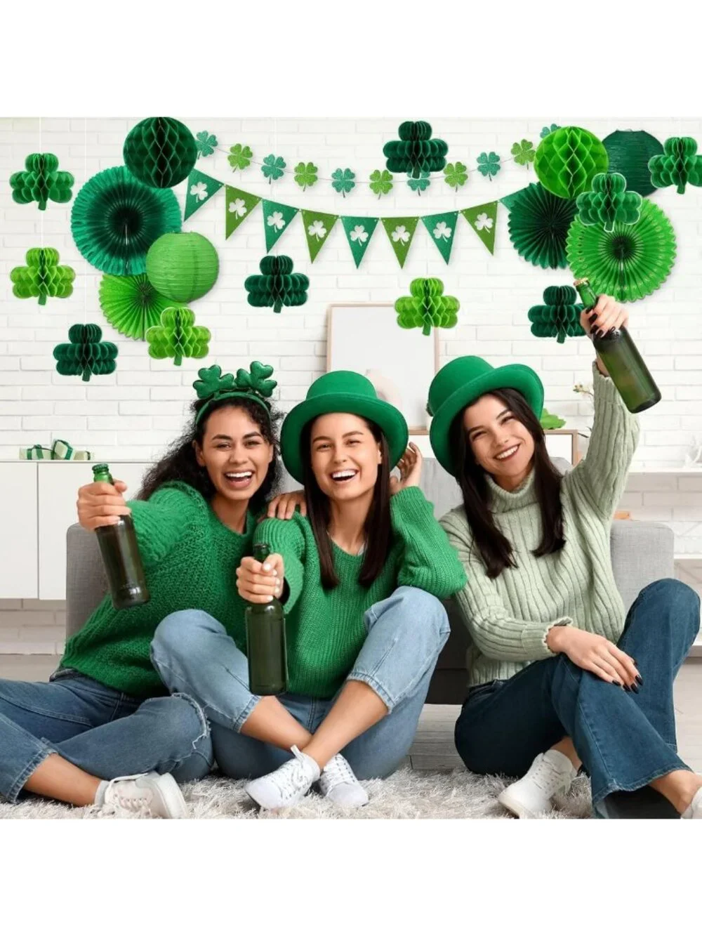 22 Pcs St. Patrick's Day Decor - Shamrock Garland, Tissue Fans & Lanterns for
